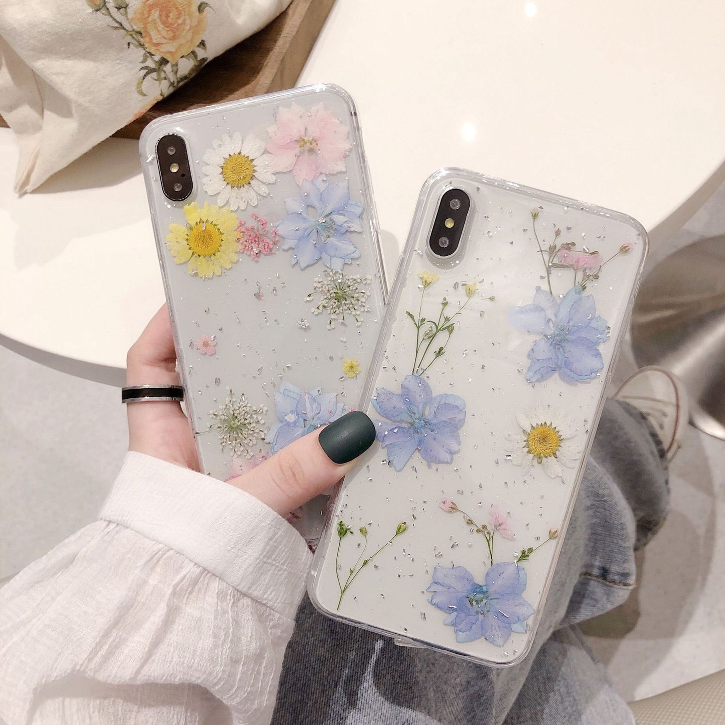 Fashion Glitter Real Dry Pressed Flower Phone Case Transparent Silicone Cover - Electronic Supreme