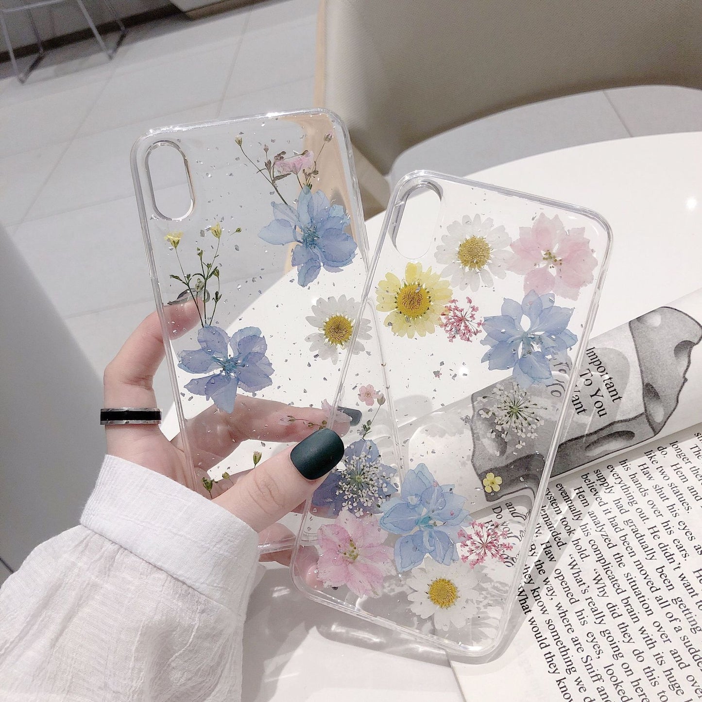 Fashion Glitter Real Dry Pressed Flower Phone Case Transparent Silicone Cover - Electronic Supreme