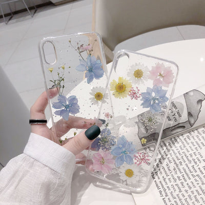 phone accessories Fashion Glitter Real Dry Pressed Flower Phone Case Transparent Silicone Cover