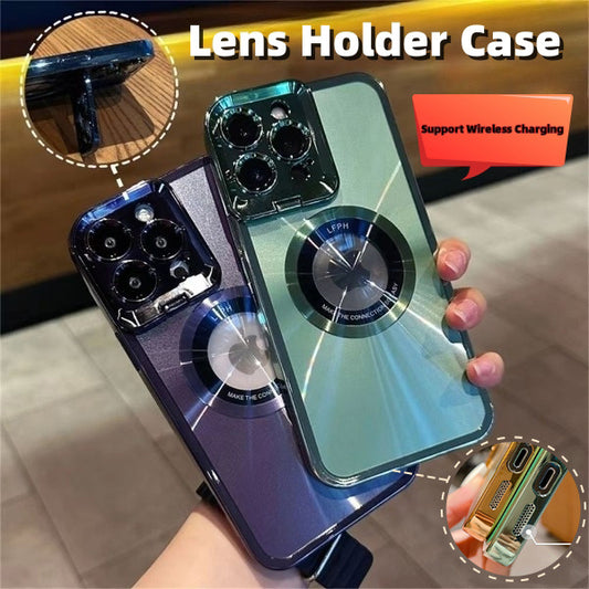 Electroplated Phone Case Luxury Plating CD Pattern Magsafe Bracket Case For 12 13 14 Pro Max Invisible Camera Stand Holder Lens Holder Magnetic Suction - Electronic Supreme